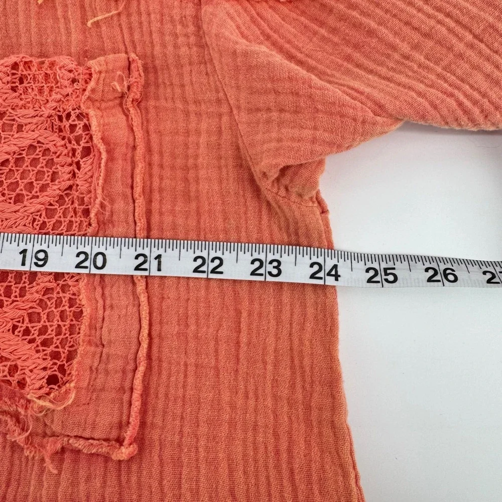 POL Coral Orange Gauze Crochet Lace Button Down Shirt Women Oversized Small Boho
